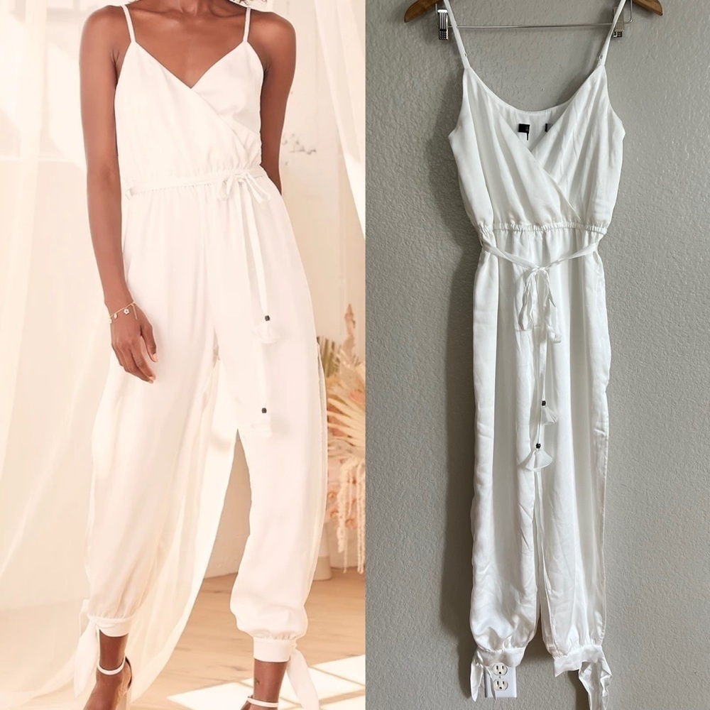 NWOT Lovely As Can Be White Satin Surplice Jumpsuit